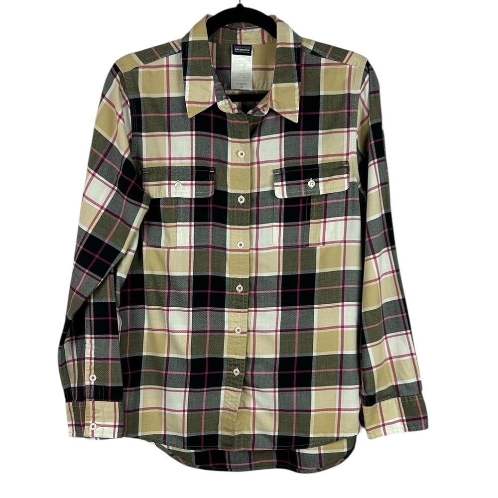Patagonia Featherstone Plaid Long Sleeve Button Down Shirt Size 10 Black Tan
